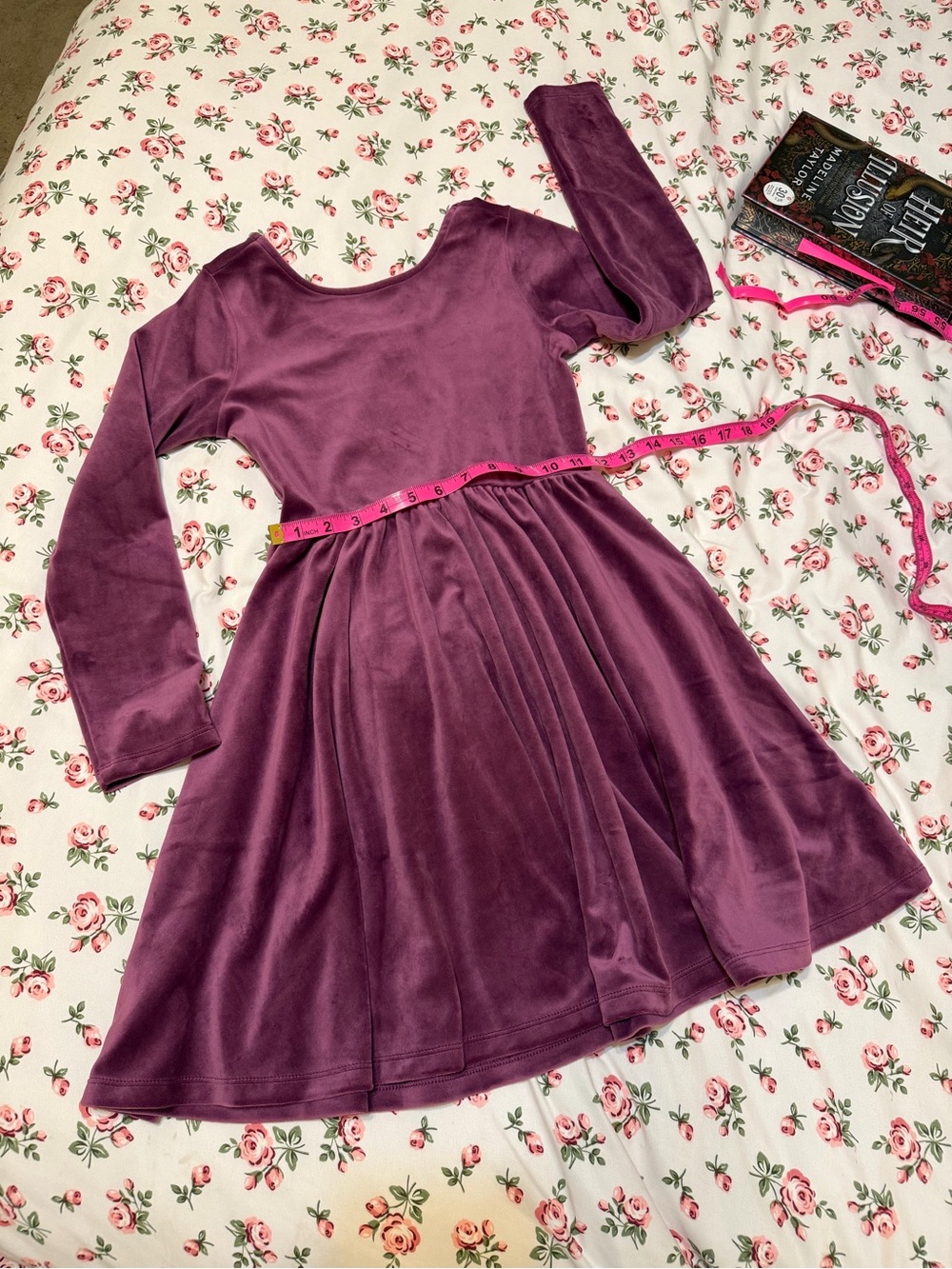 Velvet Long-Sleeve Fit & Flare Dress in Mauve Plum